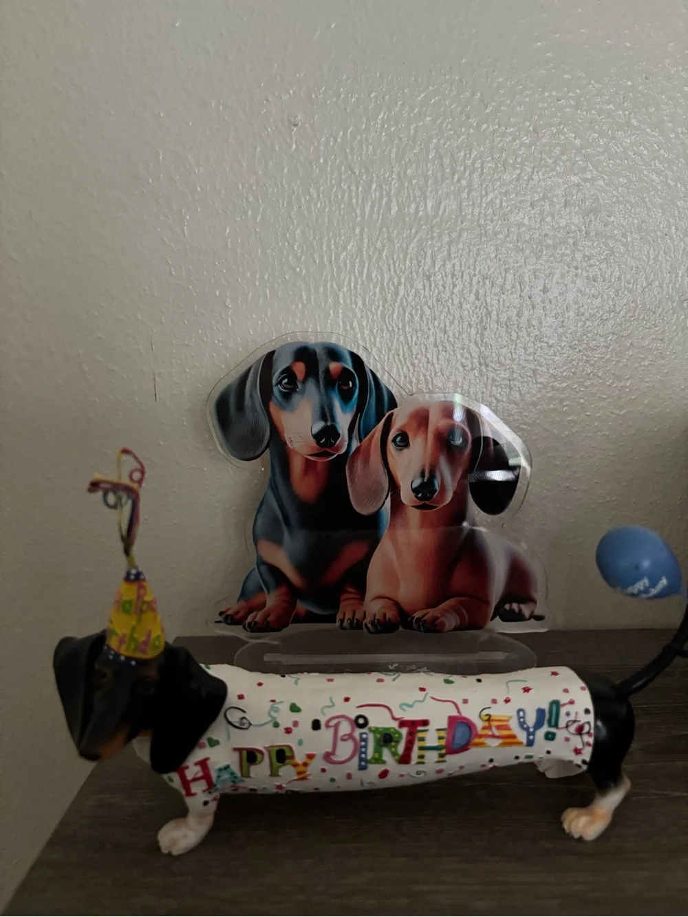 Birthday Dachshund Decorative Figurine - White with Multicolor Print